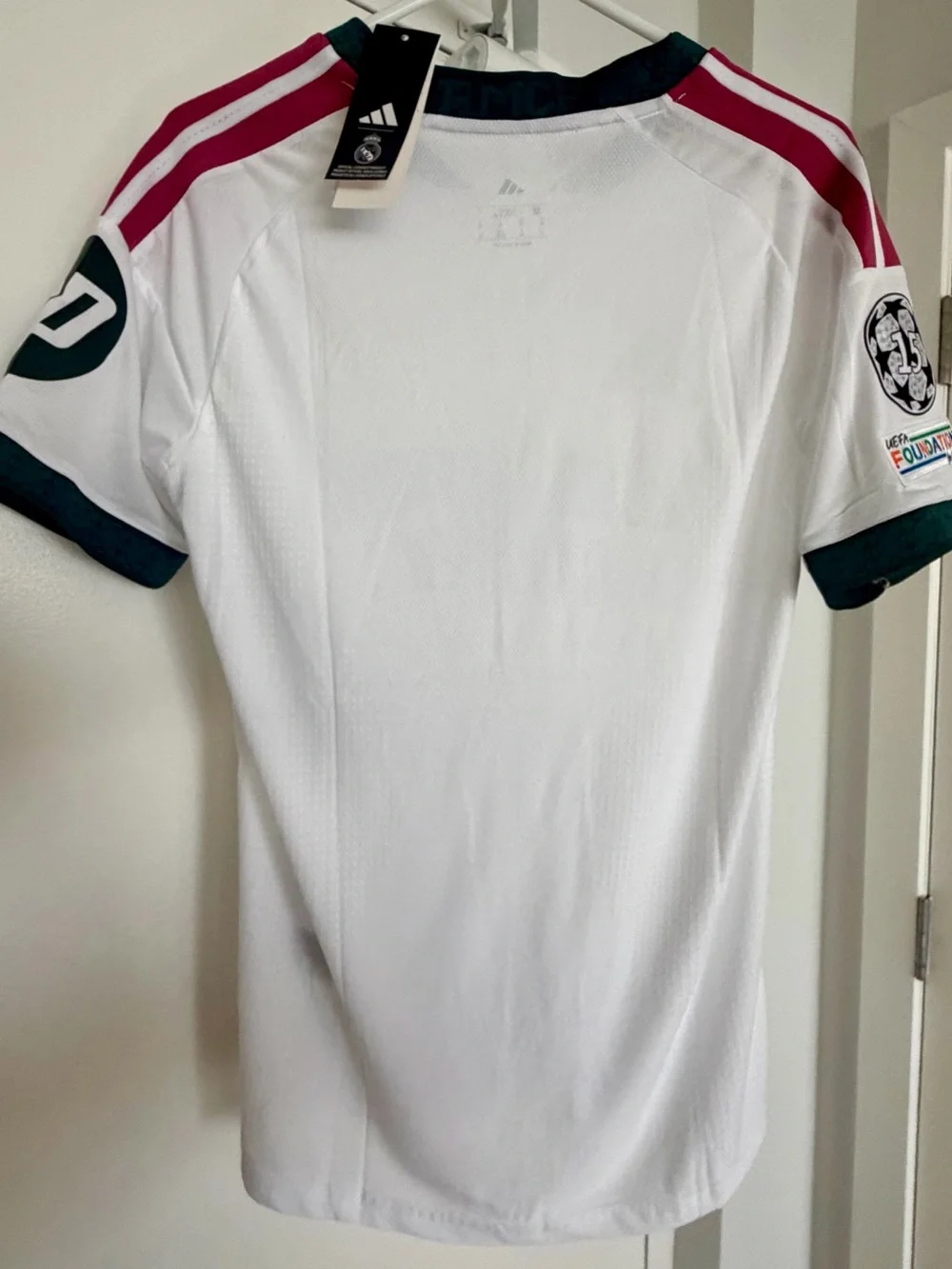 Real Madrid White Soccer Jersey with Maroon and Dark Green player version